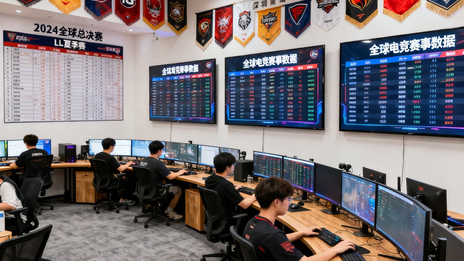 GGBET深圳编辑部开放式办公区实景，二十余位编辑坐在弧形排列的显示器前专注工作，墙上挂满了各大战队队旗和赛事时间表，三块超大屏幕实时滚动着全球电竞赛事数据。