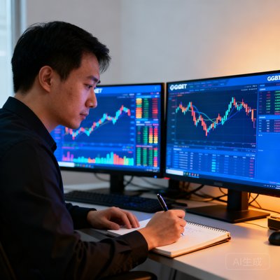 GGBET首席数据分析师林远帆的侧面工作照，他坐在三台显示器前，屏幕上显示着复杂的数据图表和热力图，手中拿着一支笔正在笔记本上记录分析要点。